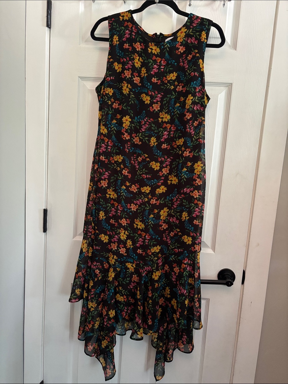 Calvin Klein Black Asymmetrical Floral Ruffle-Hem Dress